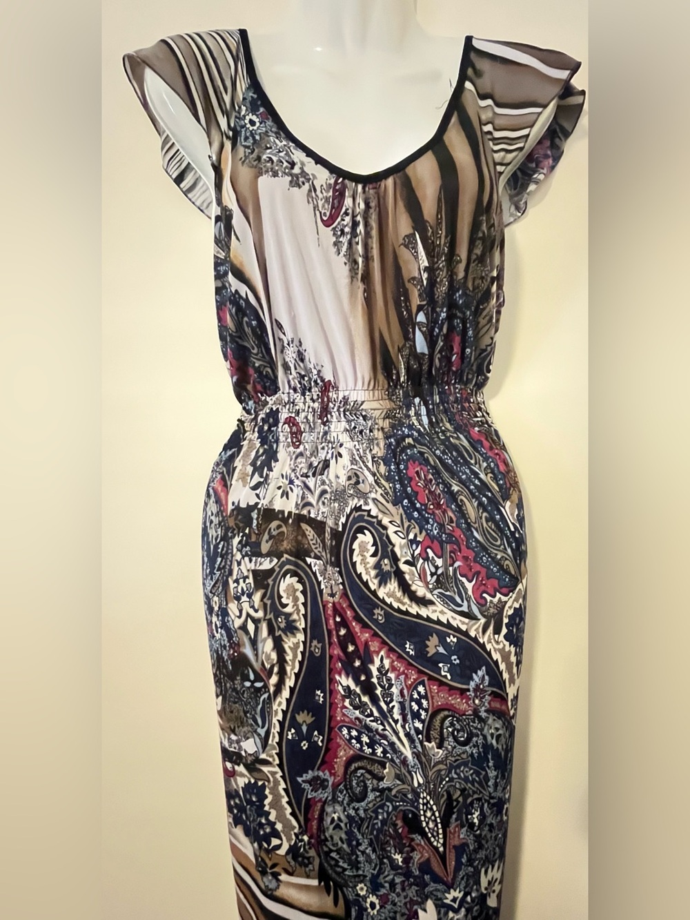 Shui Si Qing Women’s Multicolor Paisley Maxi Dress Size Large Flutter Sleeves - Picture 4 of 7